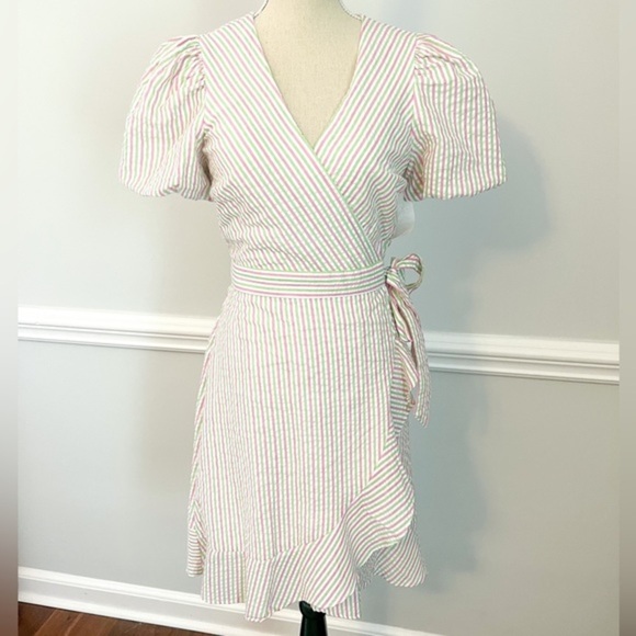 NWT Draper James RSVP Pink Green Striped Seersucker Puff Sleeve Wrap Dress, Sz S - Picture 2 of 10